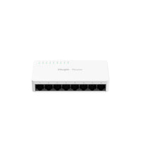 White 8-port network Ethernet switch with LED indicators, front view on white background