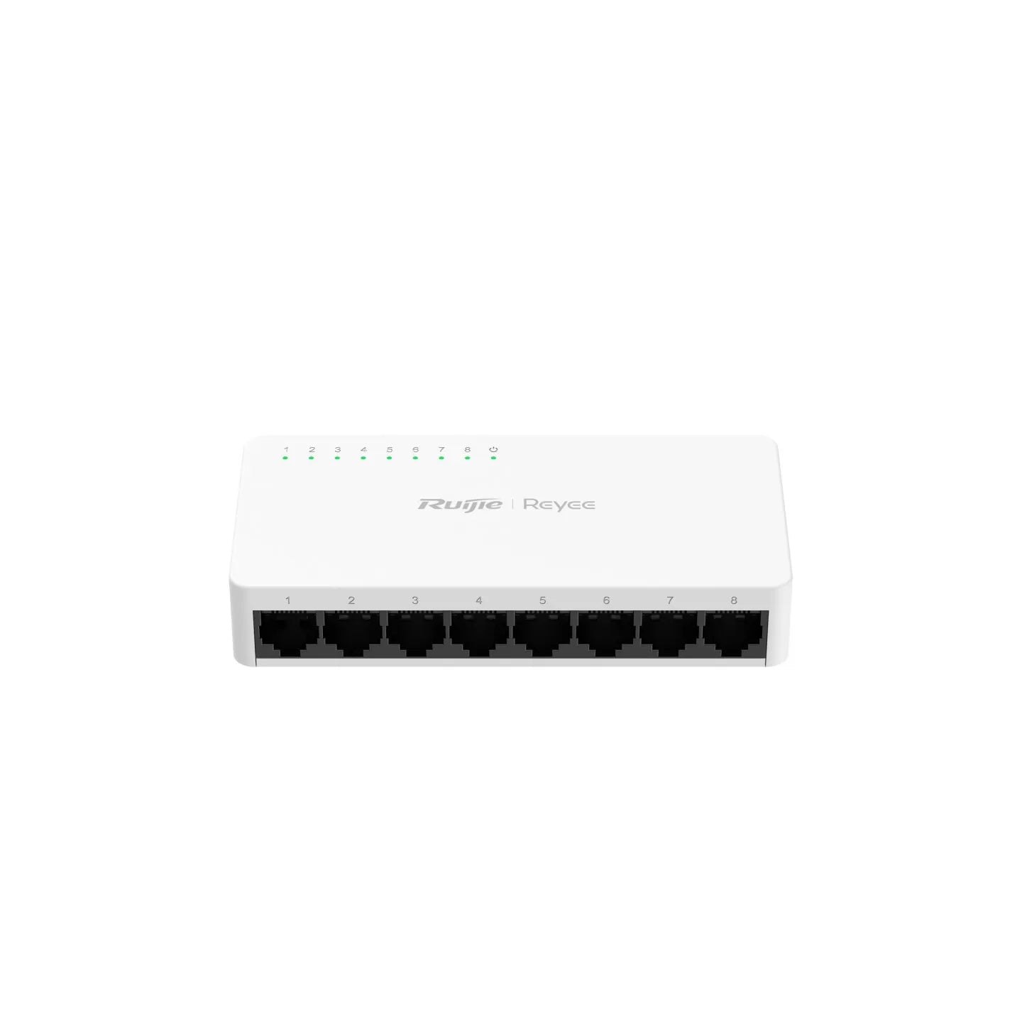 White 8-port network Ethernet switch with LED indicators, front view on white background