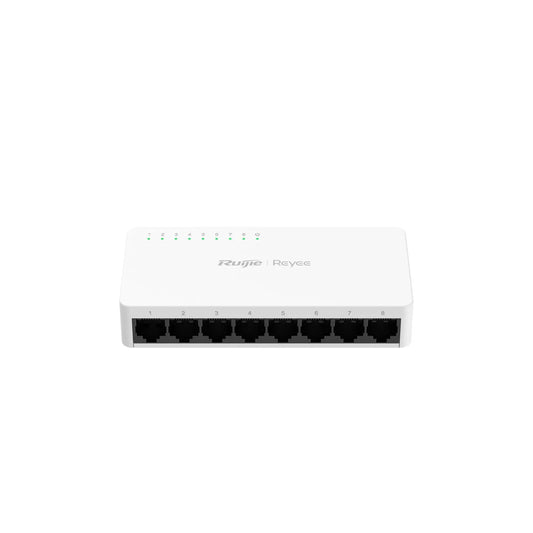 White 8-port network Ethernet switch with LED indicators, front view on white background