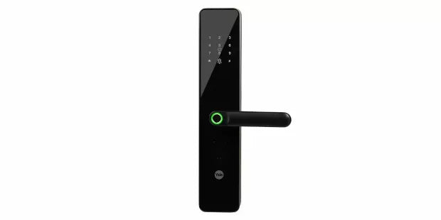 Black electronic door lock with keypad and green illuminated handle, smart security device