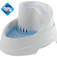 White automatic pet water fountain with flowing water and sanitized protection badge