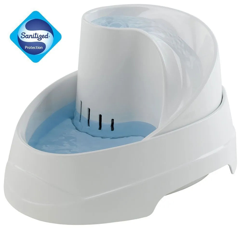 White automatic pet water fountain with flowing water and sanitized protection badge