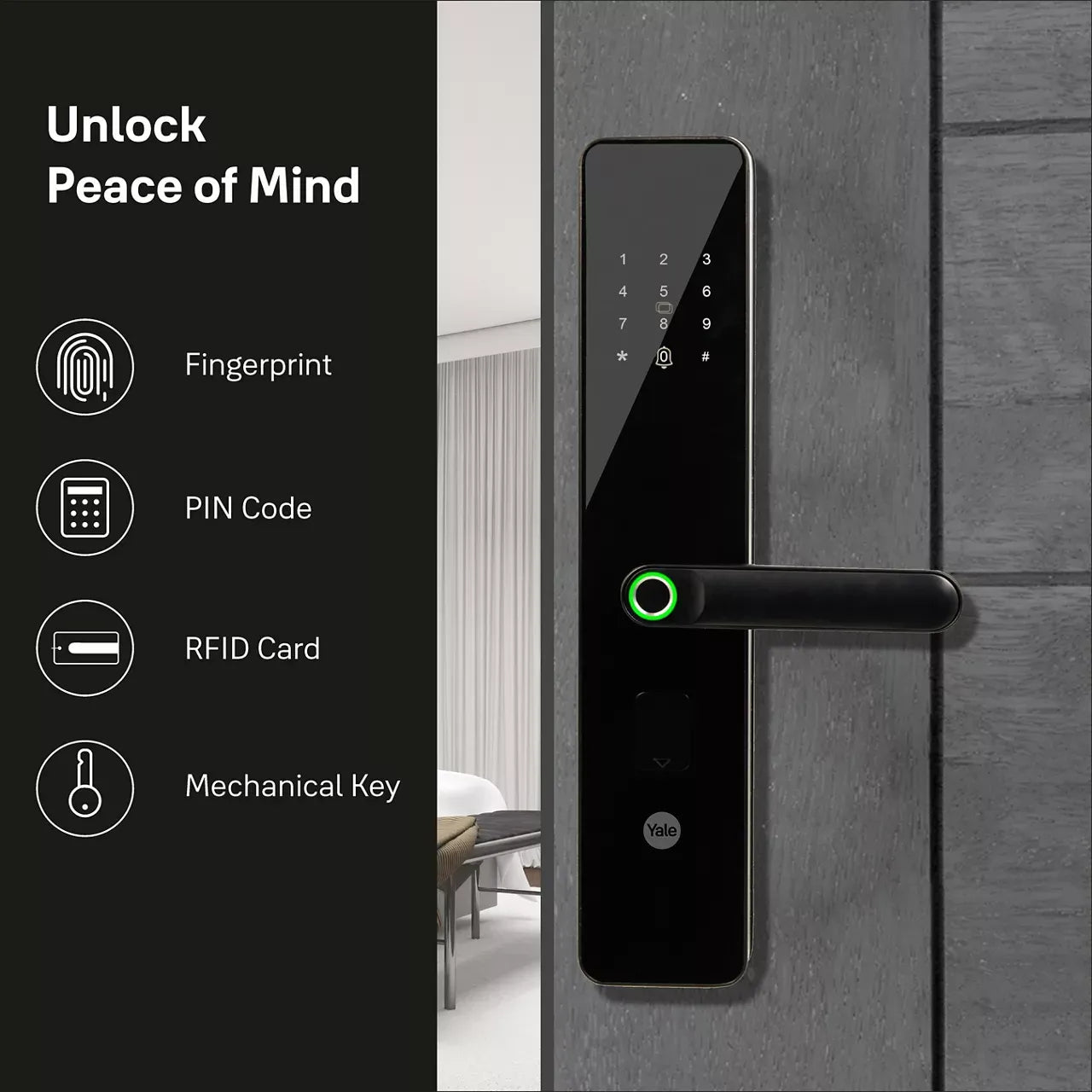 Modern digital smart door lock with fingerprint, PIN code, RFID card, and key entry options