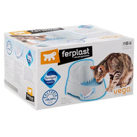 Ferplast Vega cat water fountain box with image of tabby cat drinking, sanitized protection.