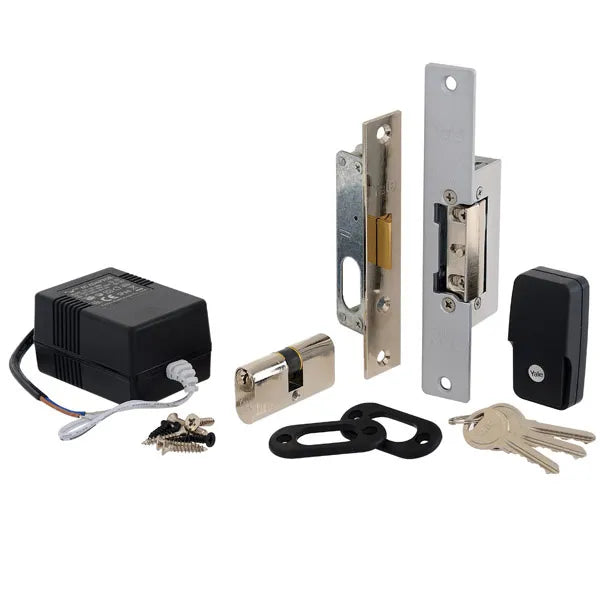 Electric door lock access control kit with power supply, lock cylinder, keys, and hardware
