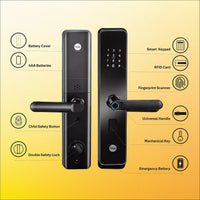 Digital smart door lock with keypad, fingerprint scanner, RFID, and safety features