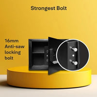Black security safe with 16mm anti-saw locking bolts on yellow background