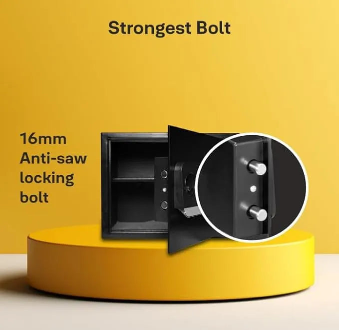 Black security safe with 16mm anti-saw locking bolts on yellow background
