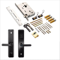 Smart digital door lock kit with electronic keypad, handles, keys, and installation hardware