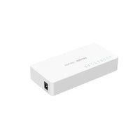 White 8-port network switch with LED indicator lights and power input, isolated on white background