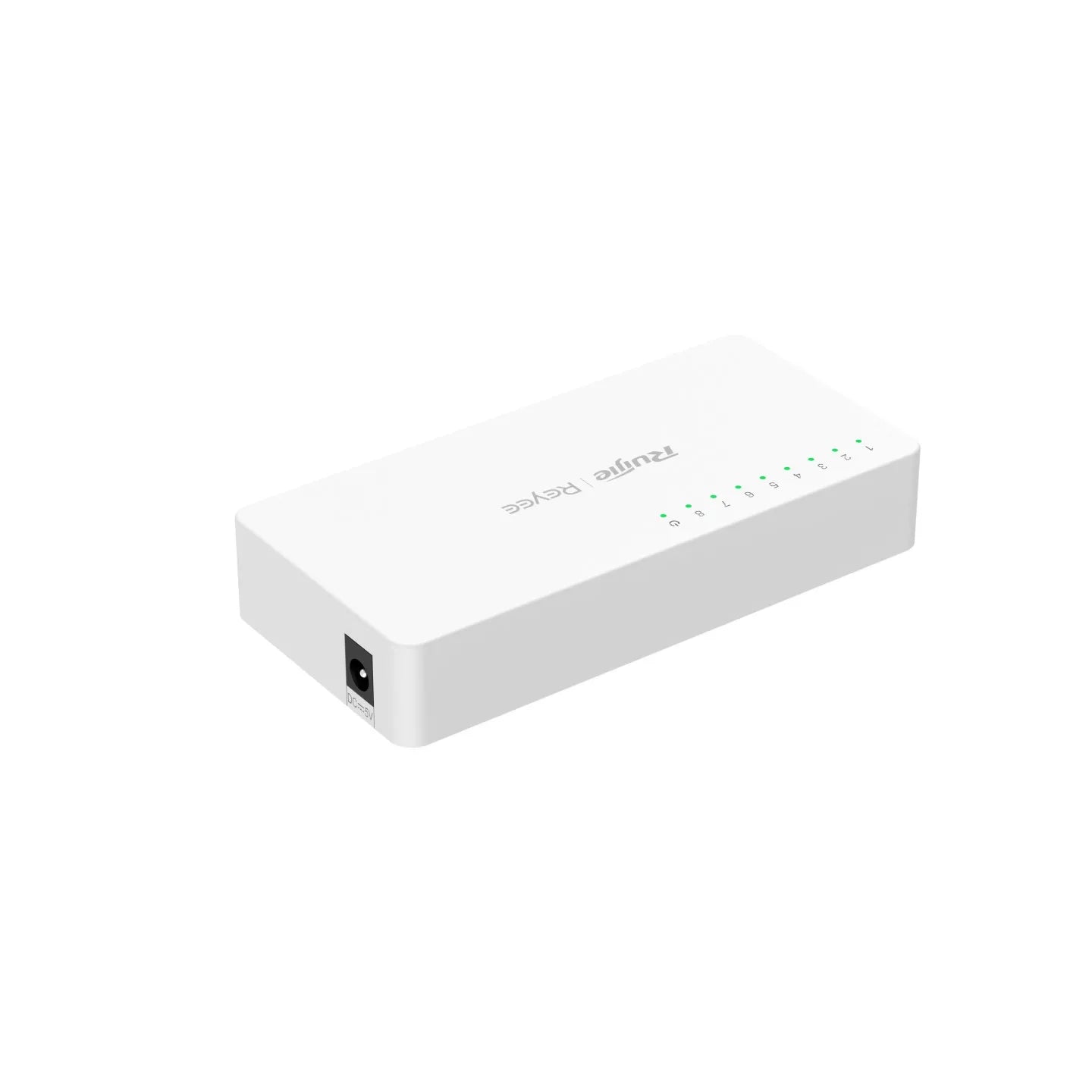 White 8-port network switch with LED indicator lights and power input, isolated on white background