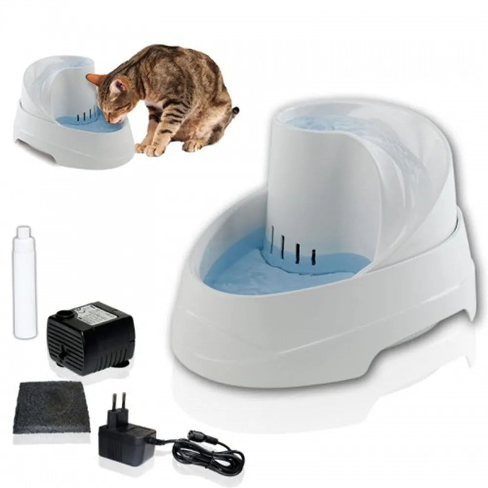 Automatic pet water fountain with filter, pump, and accessories, tabby cat drinking
