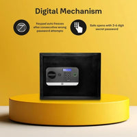 Black digital safe with keypad lock display, on yellow background, security product