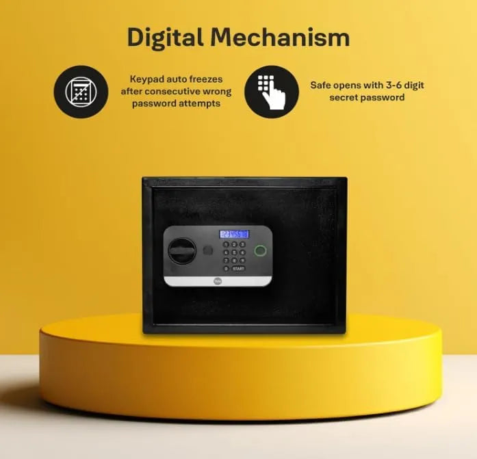 Black digital safe with keypad lock display, on yellow background, security product