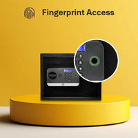 Electronic safe box with fingerprint access, keypad, and display on yellow background
