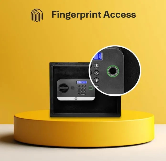 Electronic safe box with fingerprint access, keypad, and display on yellow background