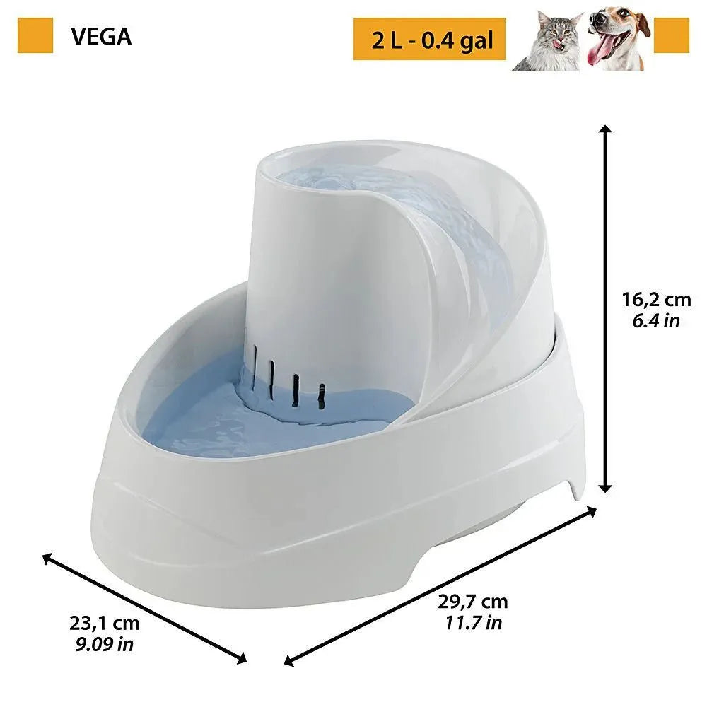 White pet water fountain with 2L capacity for cats and dogs, product dimensions labeled.