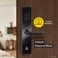 Modern digital door lock with keypad and handle on wooden door, offering 3-year warranty