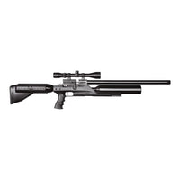 Black PCP air rifle with scope, tactical stock, and long barrel, isolated on white background.