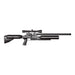 Black PCP air rifle with scope, tactical stock, and long barrel, isolated on white background.