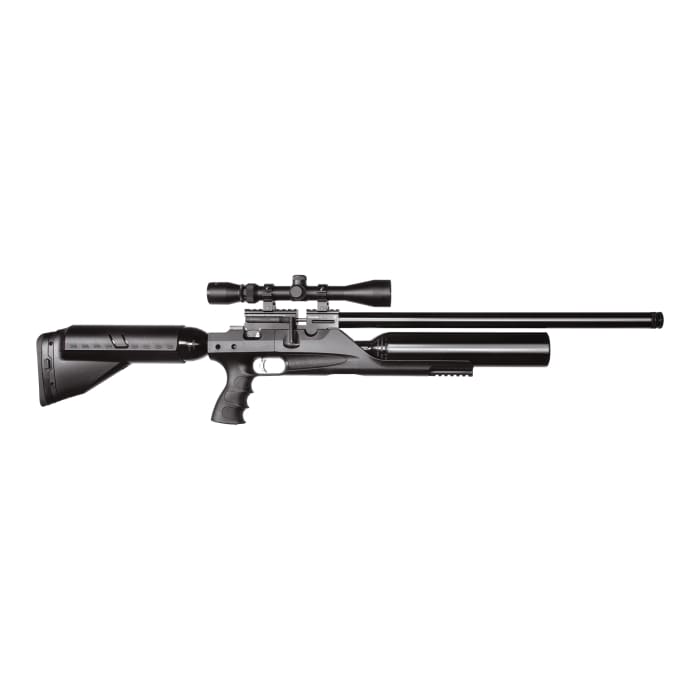 Black PCP air rifle with scope, tactical stock, and long barrel, isolated on white background.