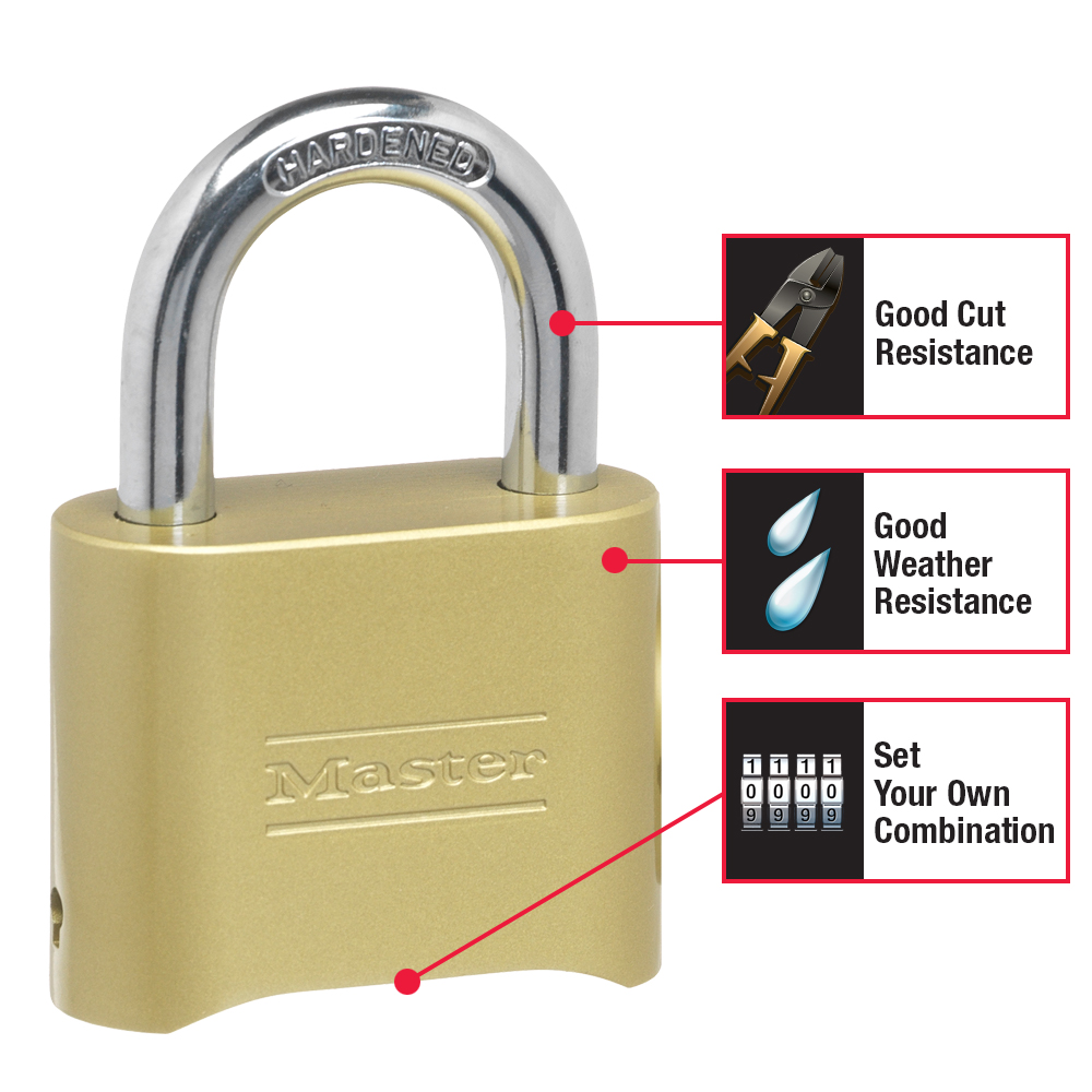 Master Lock 175D resettable indoor and outdoor combination padlock features