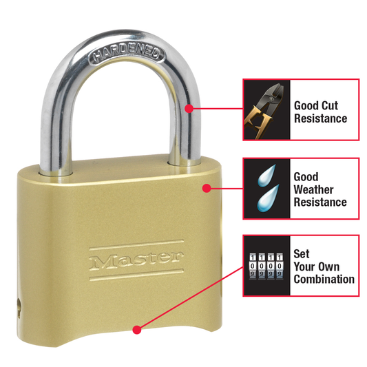 Master Lock 175D resettable indoor and outdoor combination padlock features