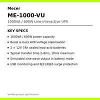 Mecer ME-1000-VU 1000VA 600W UPS key specifications