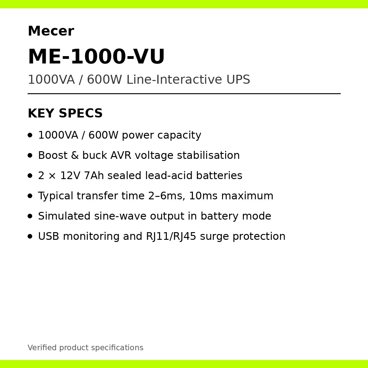 Mecer ME-1000-VU 1000VA 600W UPS key specifications
