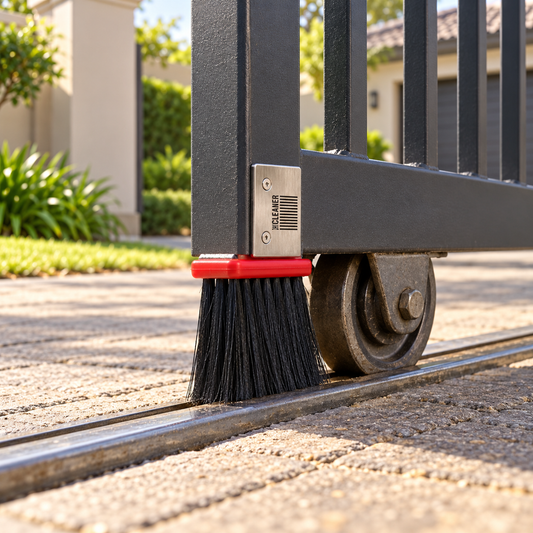 Mr Sweepy gate brush installed beside a sliding gate wheel on a paved residential driveway