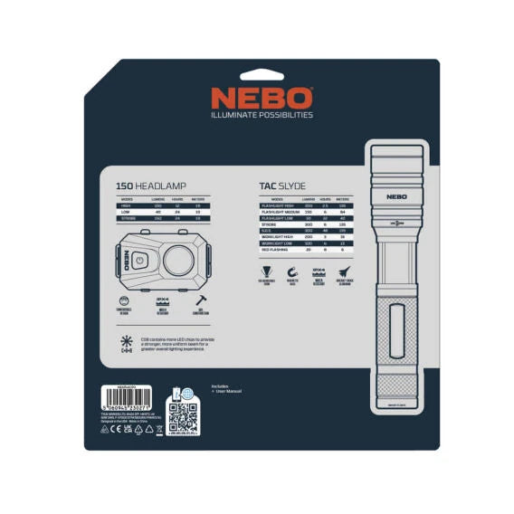 NEBO TAC SLYDE and 150 headlamp combo pack rear packaging