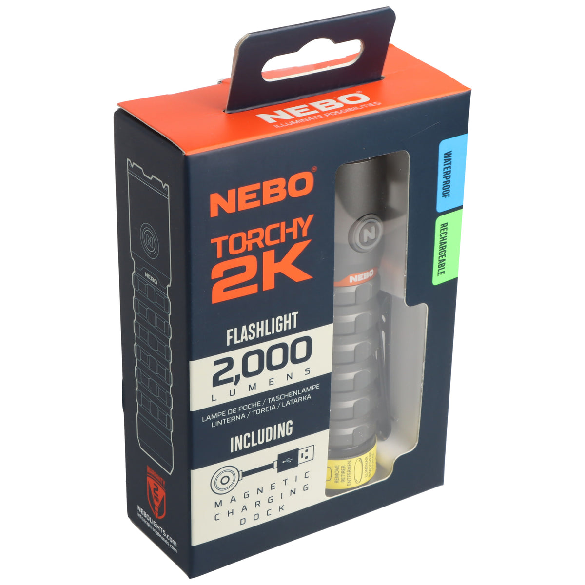 NEBO Torchy 2K 2000 lumen rechargeable flashlight retail packaging