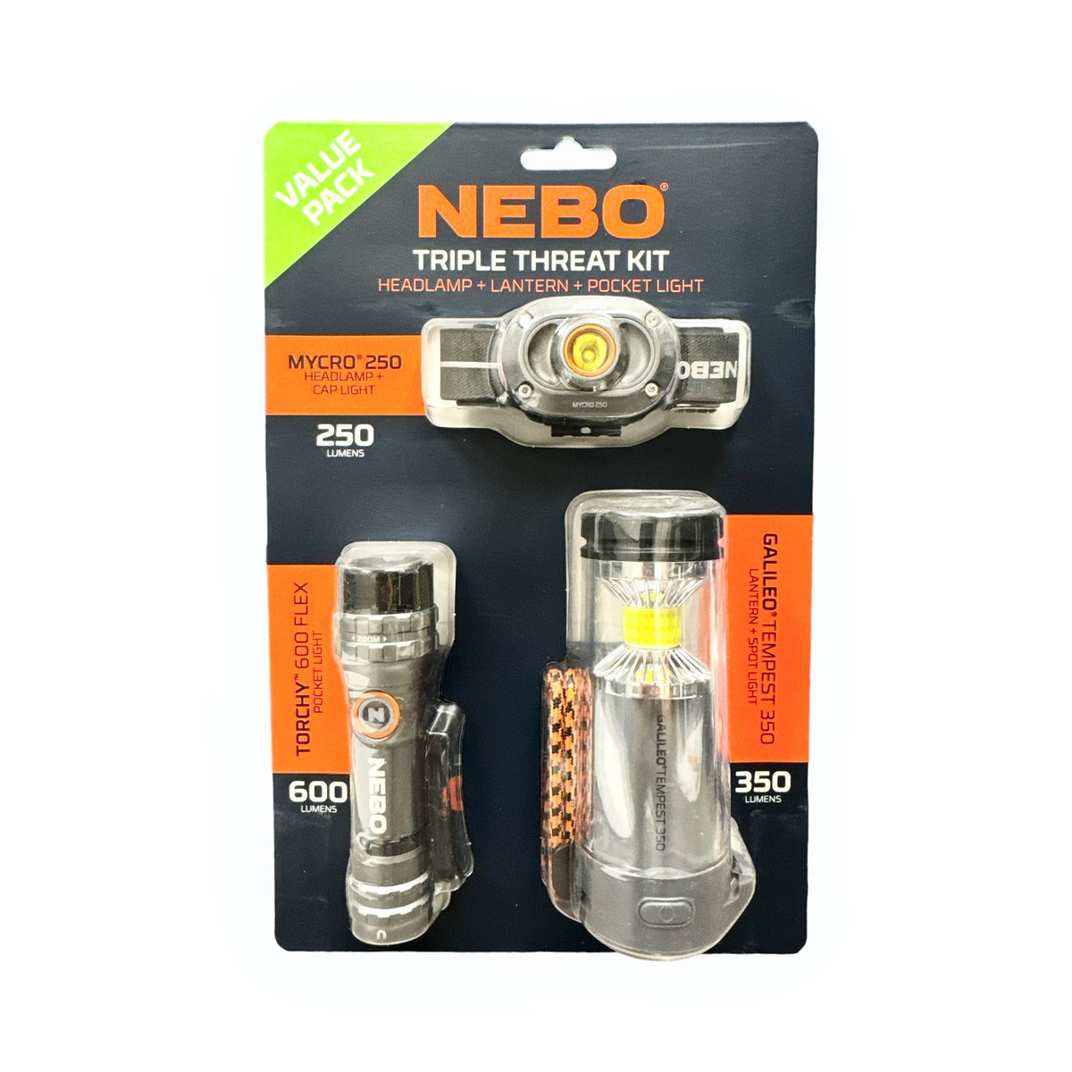 NEBO Triple Threat Kit retail pack with Mycro 250, Tempest 350 and Torchy 600