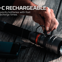 NEBO DaVinci 12000 rechargeable flashlight - product and USB-C charging