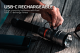 NEBO DaVinci 12000 rechargeable flashlight - product and USB-C charging