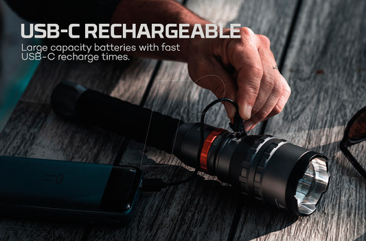 NEBO DaVinci 12000 rechargeable flashlight - product and USB-C charging