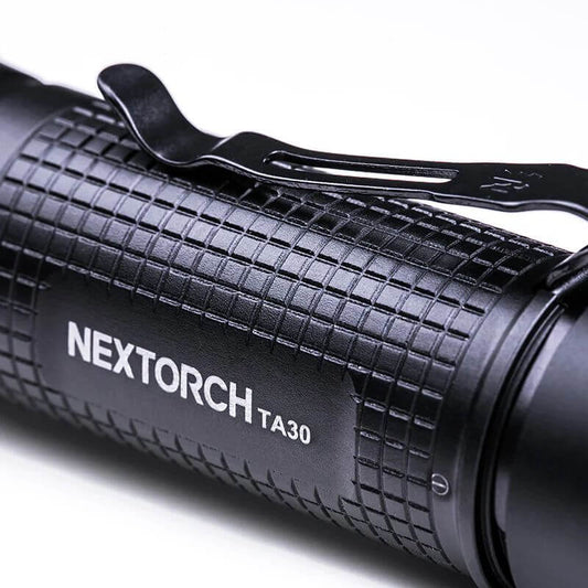 NEXTORCH TA30 V2.0 tactical flashlight body and pocket clip detail