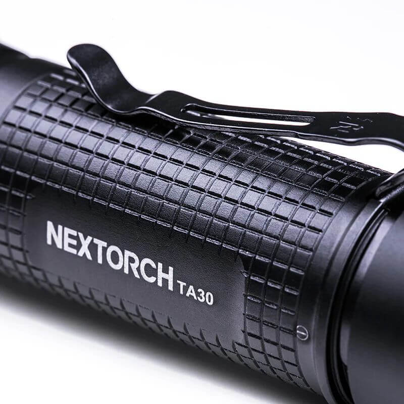 NEXTORCH TA30 V2.0 tactical flashlight body and pocket clip detail