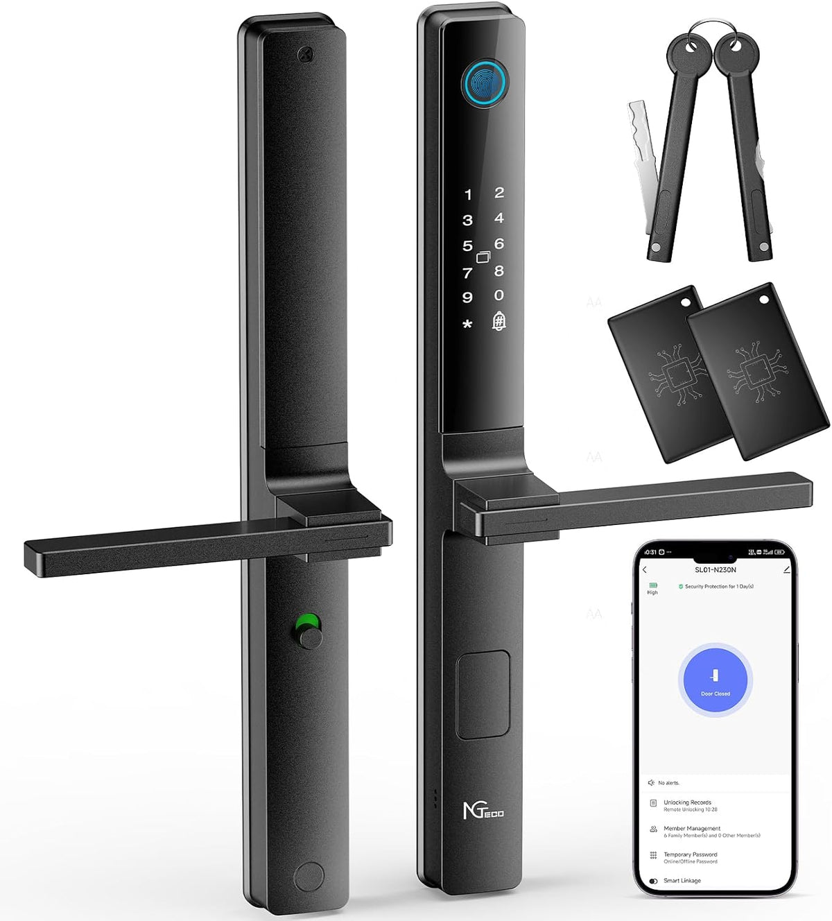 NGTeco SL01-N230N smart door lock with fingerprint, keypad, IC card and key access