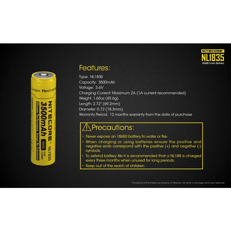 NITECORE NL1835 - 18650 LI-ION BATTERY, 3500MAH - NeonSales {{ shop.shopifyCountryName }}