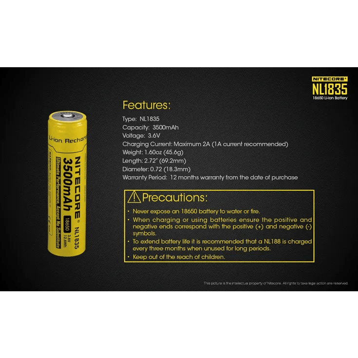 NITECORE NL1835 - 18650 LI-ION BATTERY, 3500MAH - NeonSales South Africa