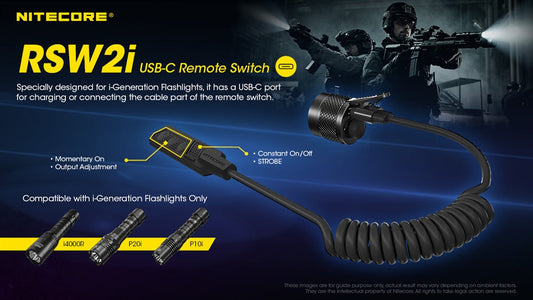 Nitecore RSW2i USB-C remote switch controls and compatible flashlight examples
