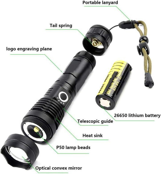 P50 FLASHLIGHT (26650 BATTERY) USB RECHARGEABLE - NeonSales {{ shop.shopifyCountryName }}