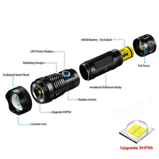 P50 FLASHLIGHT (26650 BATTERY) USB RECHARGEABLE - NeonSales {{ shop.shopifyCountryName }}