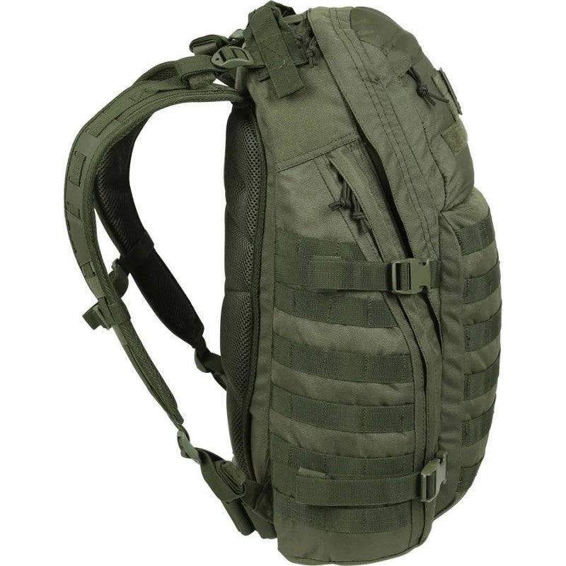 Olive drab tactical backpack side view