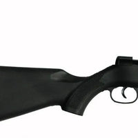 Black synthetic rifle stock and trigger assembly on a white background