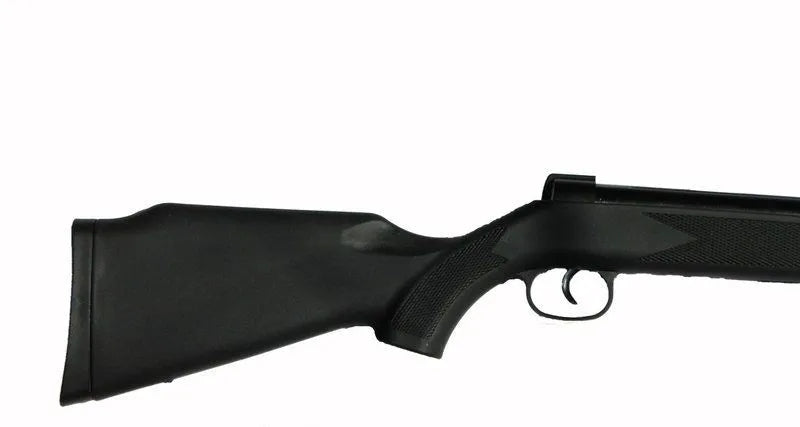 Black synthetic rifle stock and trigger assembly on a white background
