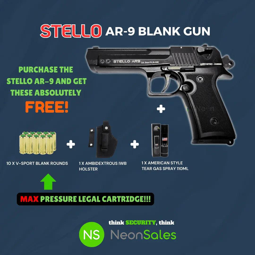 STELLO AR-9 BABY EAGLE+10 BLANKS+ HOLSTER+ TEARGAS - NeonSales South Africa