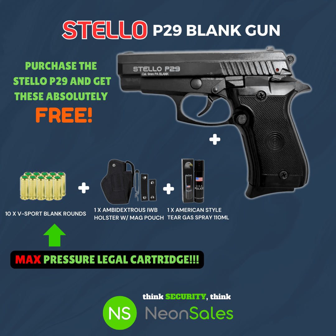 STELLO P29 BLANK GUN +10 BLANKS +HOLSTER + TEARGAS - NeonSales