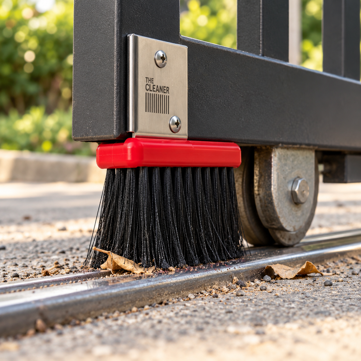The Cleaner gate brush clearing leaves and debris from a sliding gate track